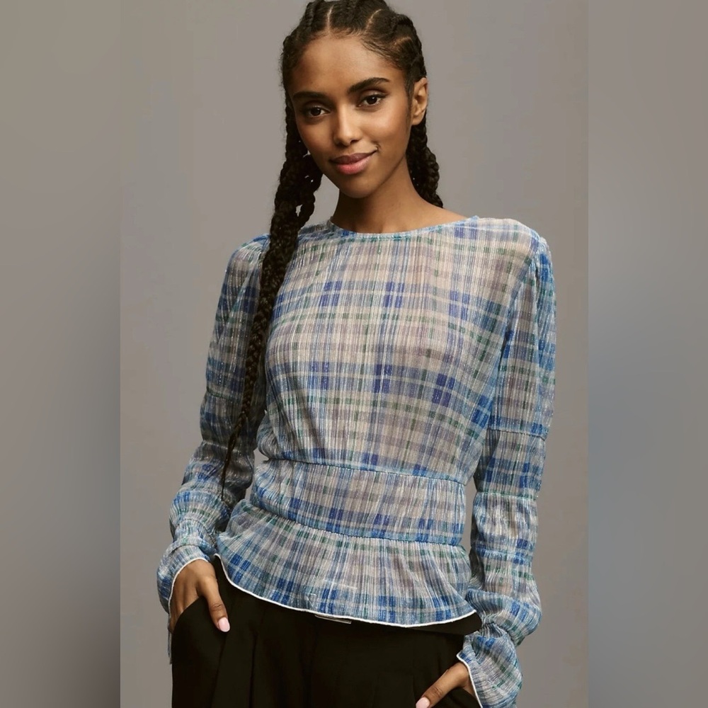 Porridge At Anthropologie NWT Blue Metallic Plaid Sheer Blouse Size XL